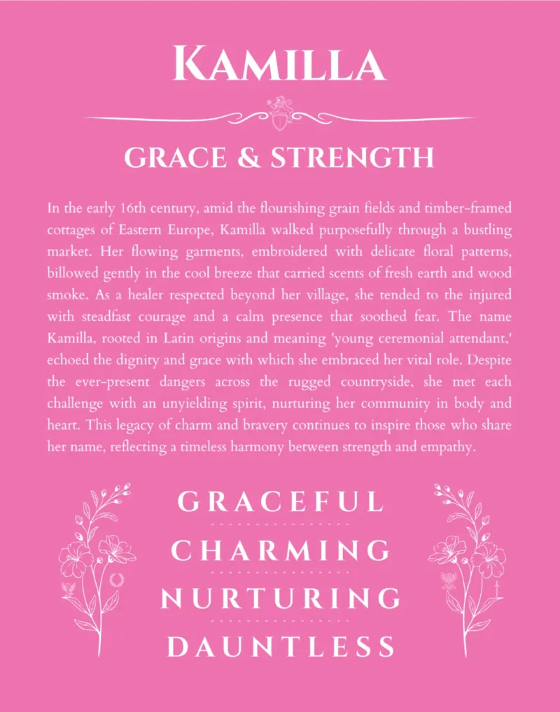 Kamilla personalized name art with origin story in pink