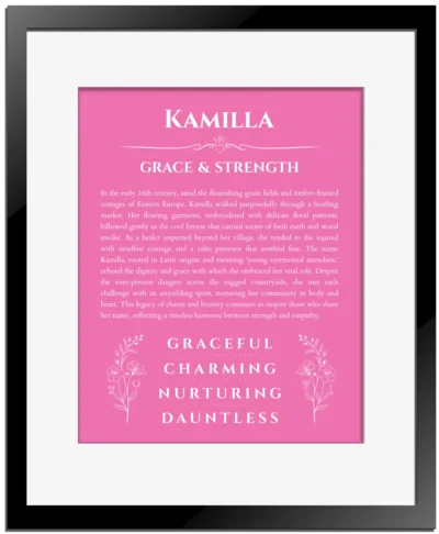 Kamilla personalized name art with origin story in pink with black matte frame