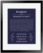 Kamille personalized name print with origin and traits in navy blue with black matte frame