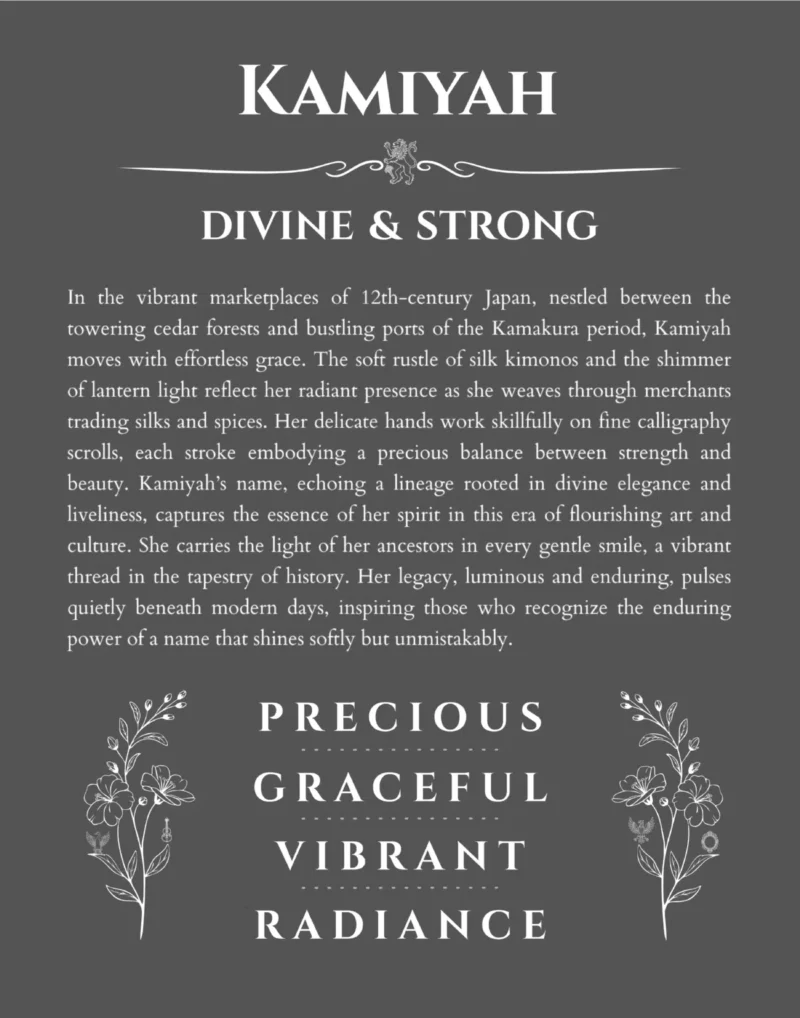 Kamiyah name origin print with meaning and traits in gray