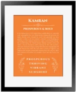 Kamran personalized name meaning print in orange with black matte frame