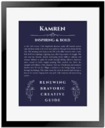 Kamren personalized name print with origin and traits in navy blue with black matte frame