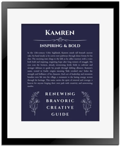 Kamren personalized name print with origin and traits in navy blue with black matte frame
