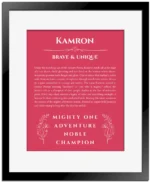 Kamron name origin print with meaning and traits in red with black matte frame