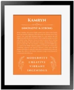 Kamryn personalized wall art with the story of your name in orange with black matte frame