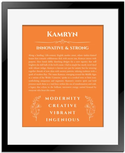 Kamryn personalized wall art with the story of your name in orange with black matte frame