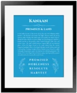 Kanaan personalized name art with origin story in blue with black matte frame