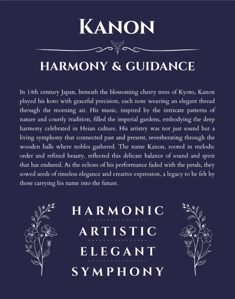 Kanon name origin print with meaning and traits in navy blue