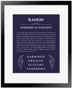 Kanon name origin print with meaning and traits in navy blue with black matte frame