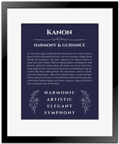 Kanon name origin print with meaning and traits in navy blue with black matte frame