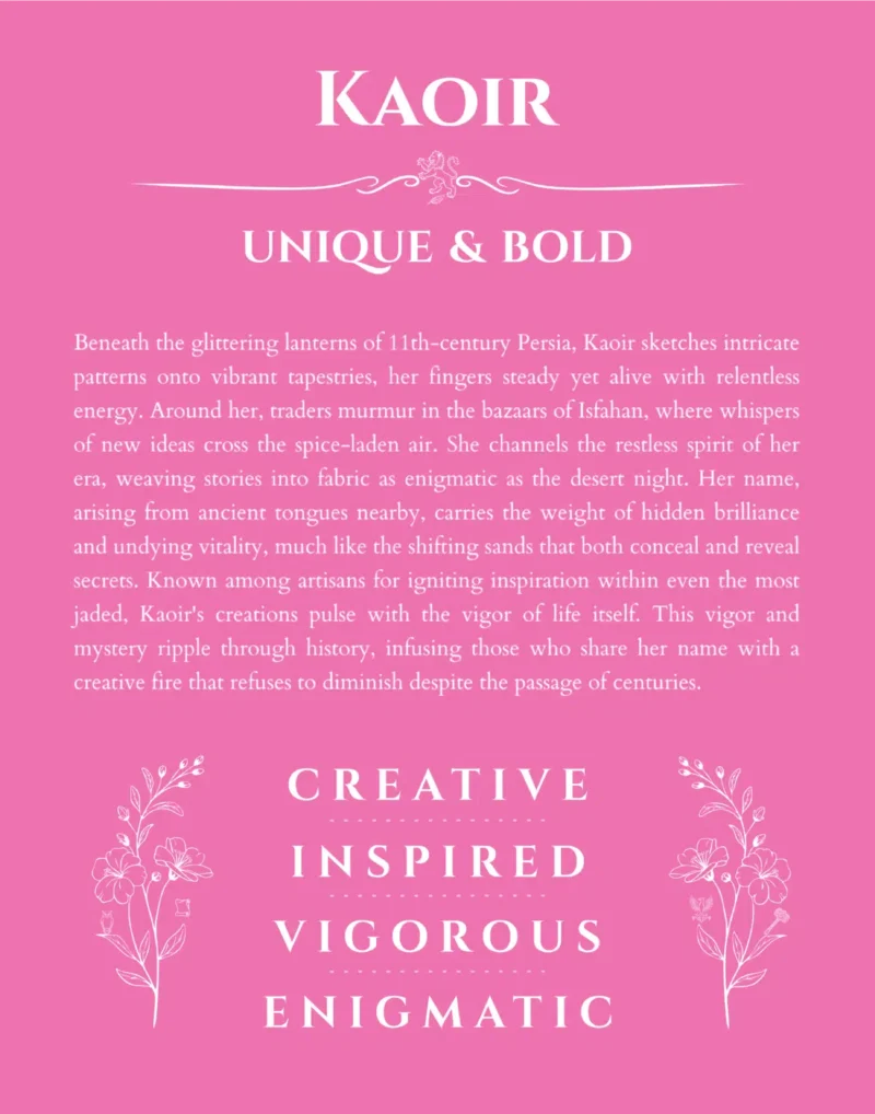 Kaoir personalized name art with origin story in pink