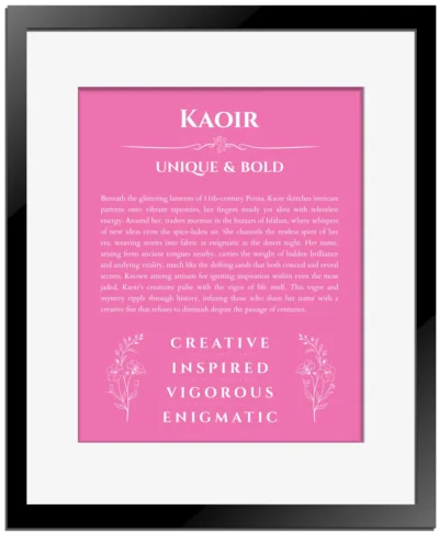 Kaoir personalized name art with origin story in pink with black matte frame
