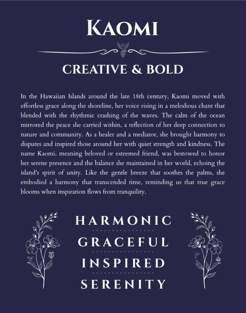 Kaomi personalized name art with origin story in navy blue
