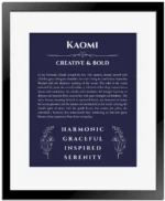 Kaomi personalized name art with origin story in navy blue with black matte frame
