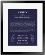 Karely name meaning gift print in navy blue with black matte frame