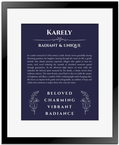Karely name meaning gift print in navy blue with black matte frame