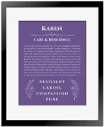 Karen name meaning gift print in purple with black matte frame