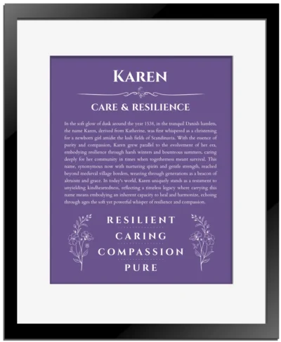 Karen name meaning gift print in purple with black matte frame