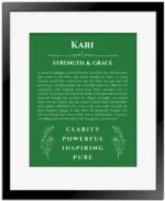 Kari name meaning gift print in dark green with black matte frame