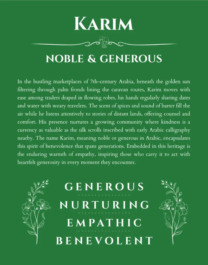 Karim personalized name art with origin story in dark green