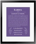 Karina name meaning gift print in purple with black matte frame