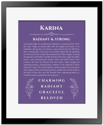 Karina name meaning gift print in purple with black matte frame