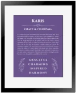 Karis personalized name meaning print in purple with black matte frame