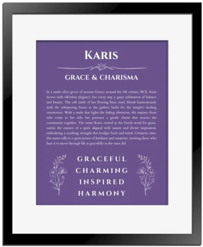 Karis personalized name meaning print in purple with black matte frame
