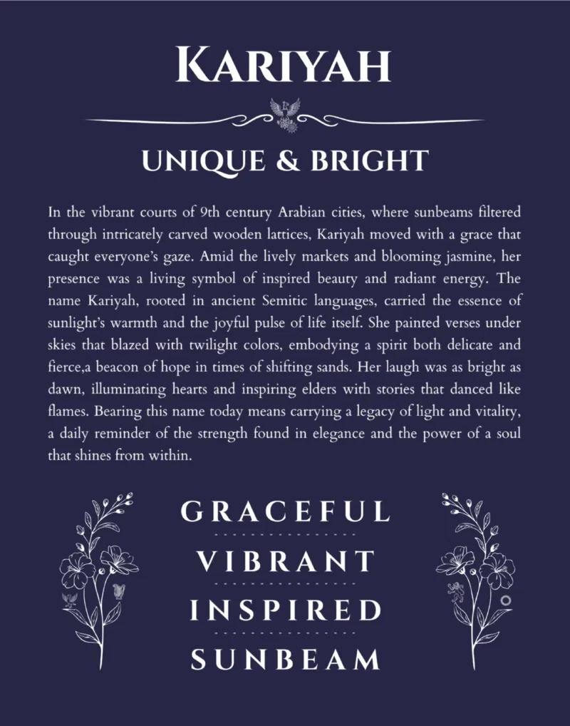 Kariyah custom name art showing meaning and origin in navy blue