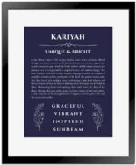 Kariyah custom name art showing meaning and origin in navy blue with black matte frame