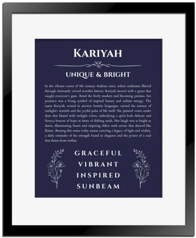 Kariyah custom name art showing meaning and origin in navy blue with black matte frame