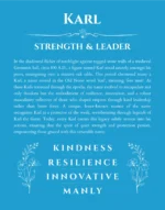 Karl personalized name art with origin story in blue
