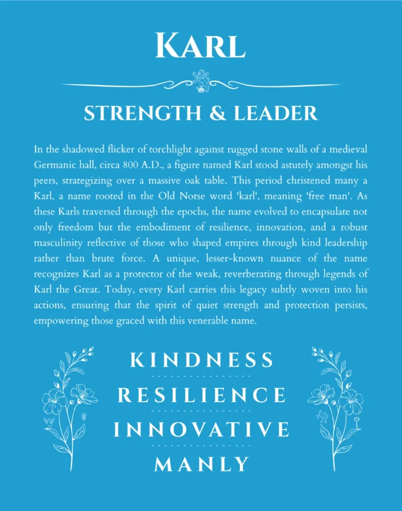 Karl personalized name art with origin story in blue