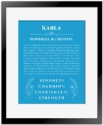 Karla custom name meaning print in blue with black matte frame