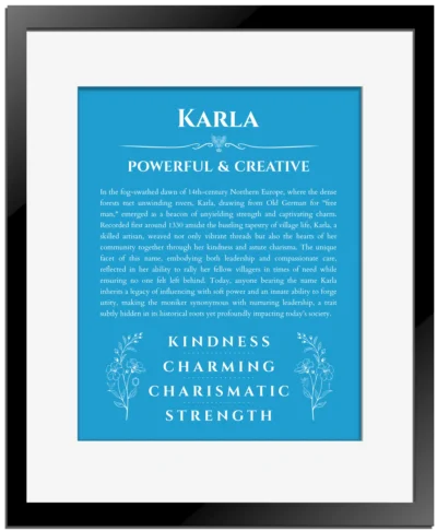 Karla custom name meaning print in blue with black matte frame