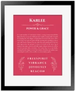 Karlee personalized name meaning print in red with black matte frame