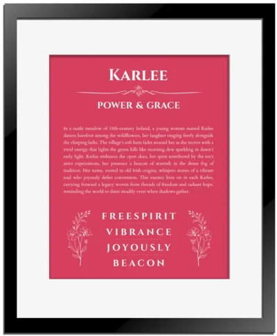 Karlee personalized name meaning print in red with black matte frame