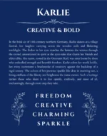 Karlie personalized wall art with the story of your name in deep blue