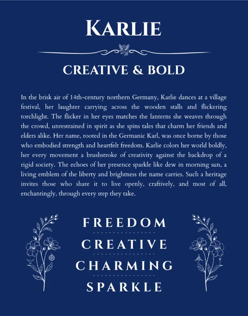 Karlie personalized wall art with the story of your name in deep blue