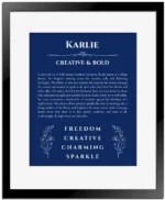 Karlie personalized wall art with the story of your name in deep blue with black matte frame