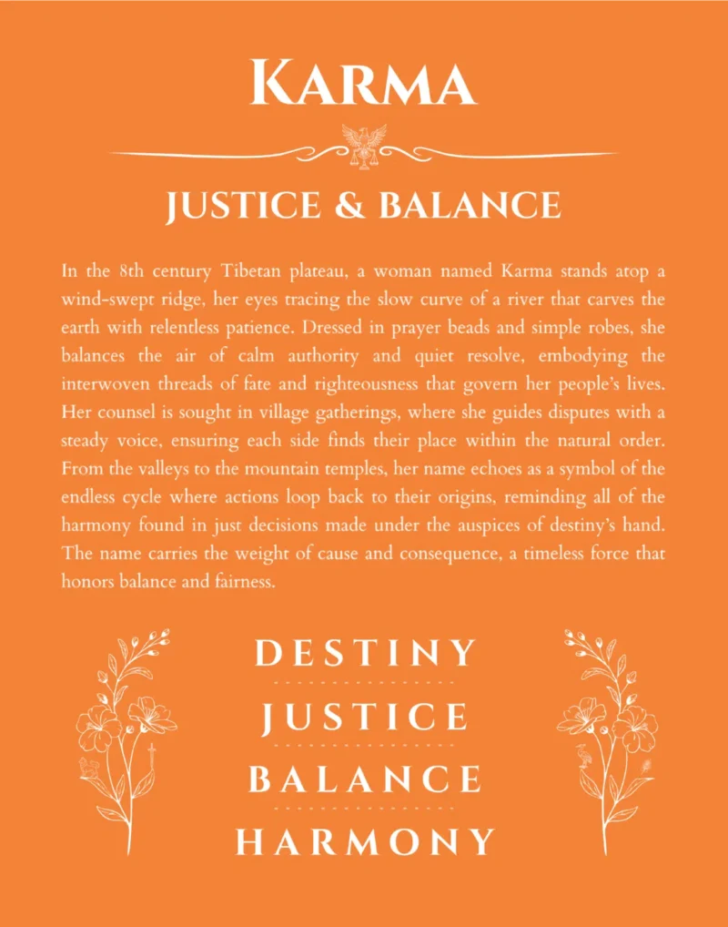 Karma personalized name art with origin story in orange