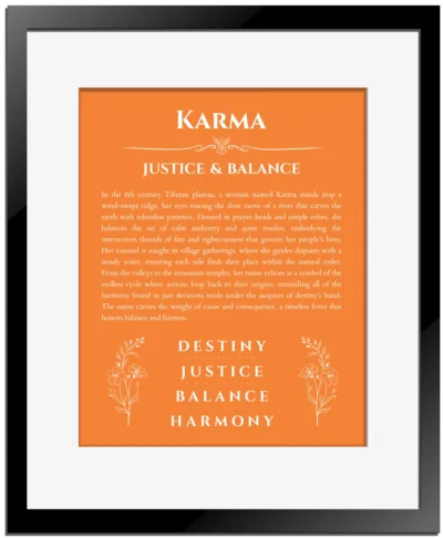 Karma personalized name art with origin story in orange with black matte frame