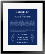 Karmello custom name meaning print in deep blue with black matte frame