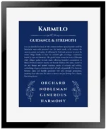 Karmelo custom name meaning print in deep blue with black matte frame