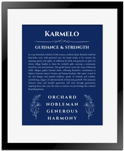Karmelo custom name meaning print in deep blue with black matte frame