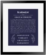Karmen custom name meaning print in navy blue with black matte frame