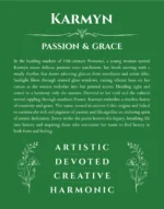 Karmyn personalized name print with origin and traits in dark green
