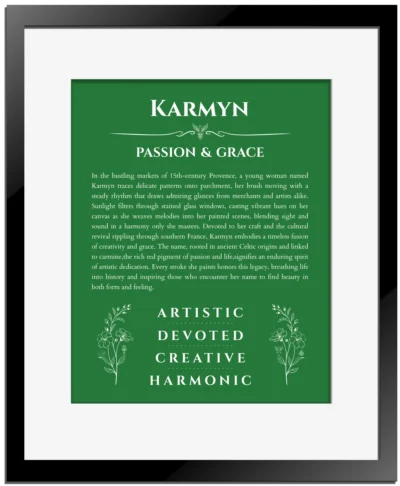Karmyn personalized name print with origin and traits in dark green with black matte frame
