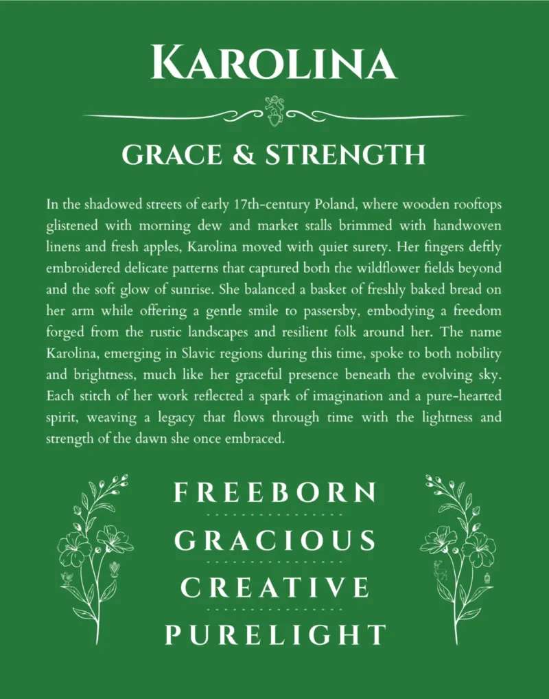 Karolina custom name art showing meaning and origin in dark green