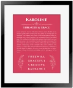 Karoline personalized name meaning print in red with black matte frame